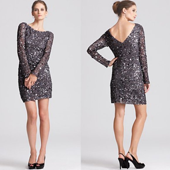 Aidan Mattox Long-Sleeve Sequin Cocktail Dress 6 - Picture 1 of 12
